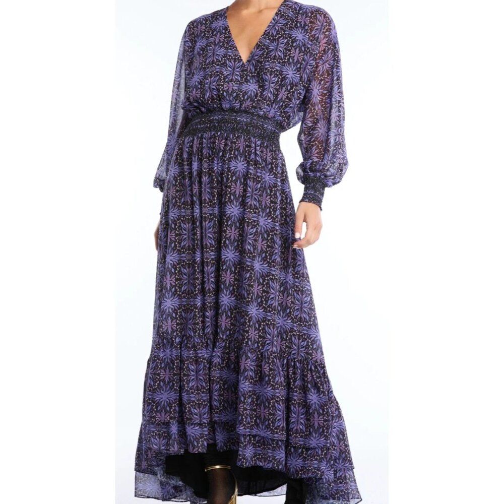 NEW ALLISON NEW YORK CELINE DRESS SMALL PURPLE BLACK FLORAL MAXI LONG SLEEVE